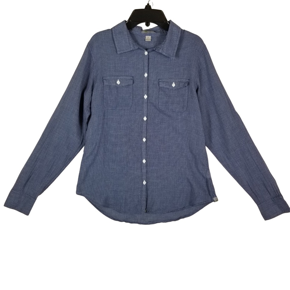 Horny Toad Button Down Shirt Women Small Blue Organic Cotton Micro-Check Pockets